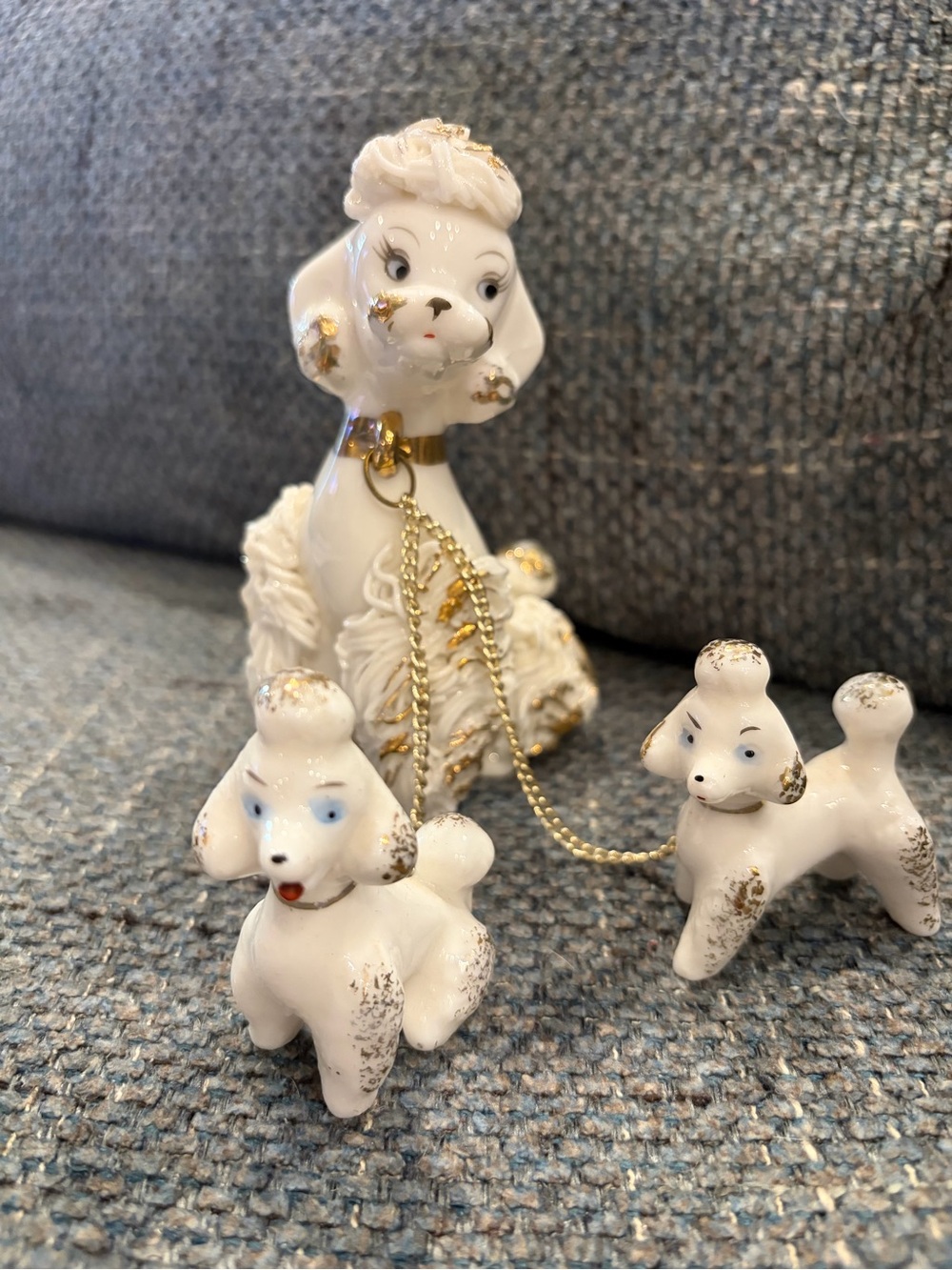 White Ceramic Poodle Dog Figurine Set with Gold Accents